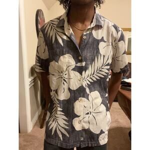 Tommy Bahama Hawaiian Shirt • Blue White Floral Print • XL